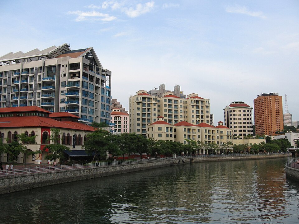 The Pier at Robertson on the left and Riverside View beside the Singapore River, photographed in 2005
