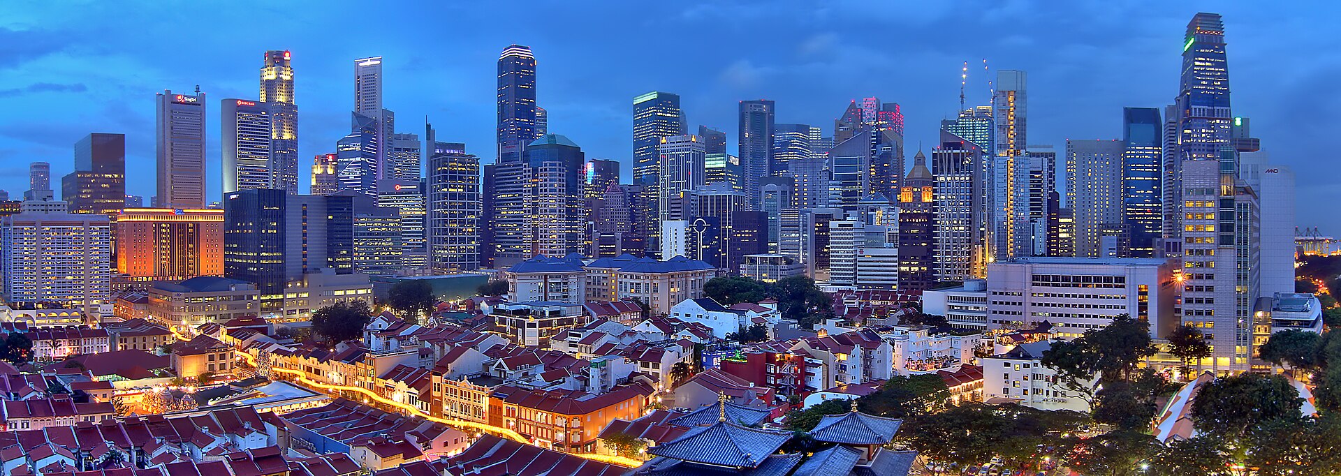 Singapore's city skyline above the shophouses of Chinatown